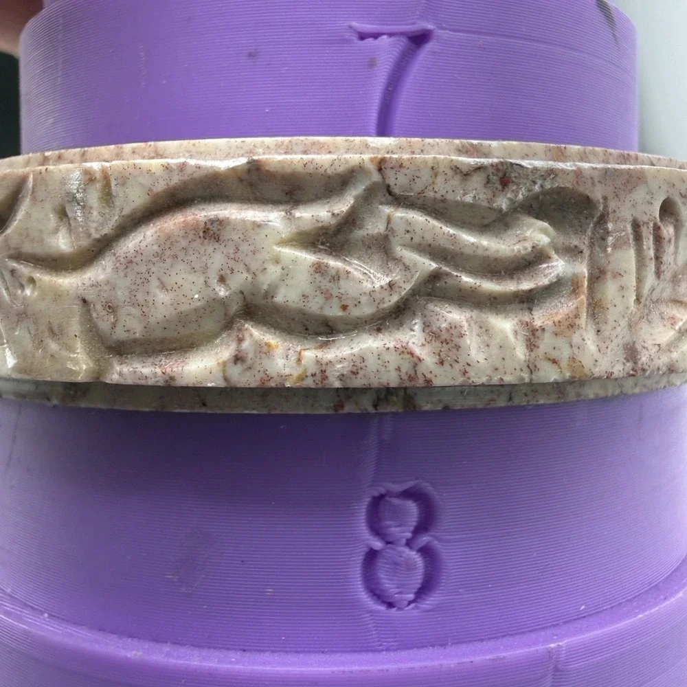 Vintage Bangle Bracelet Carved Polished Stone Pink 8